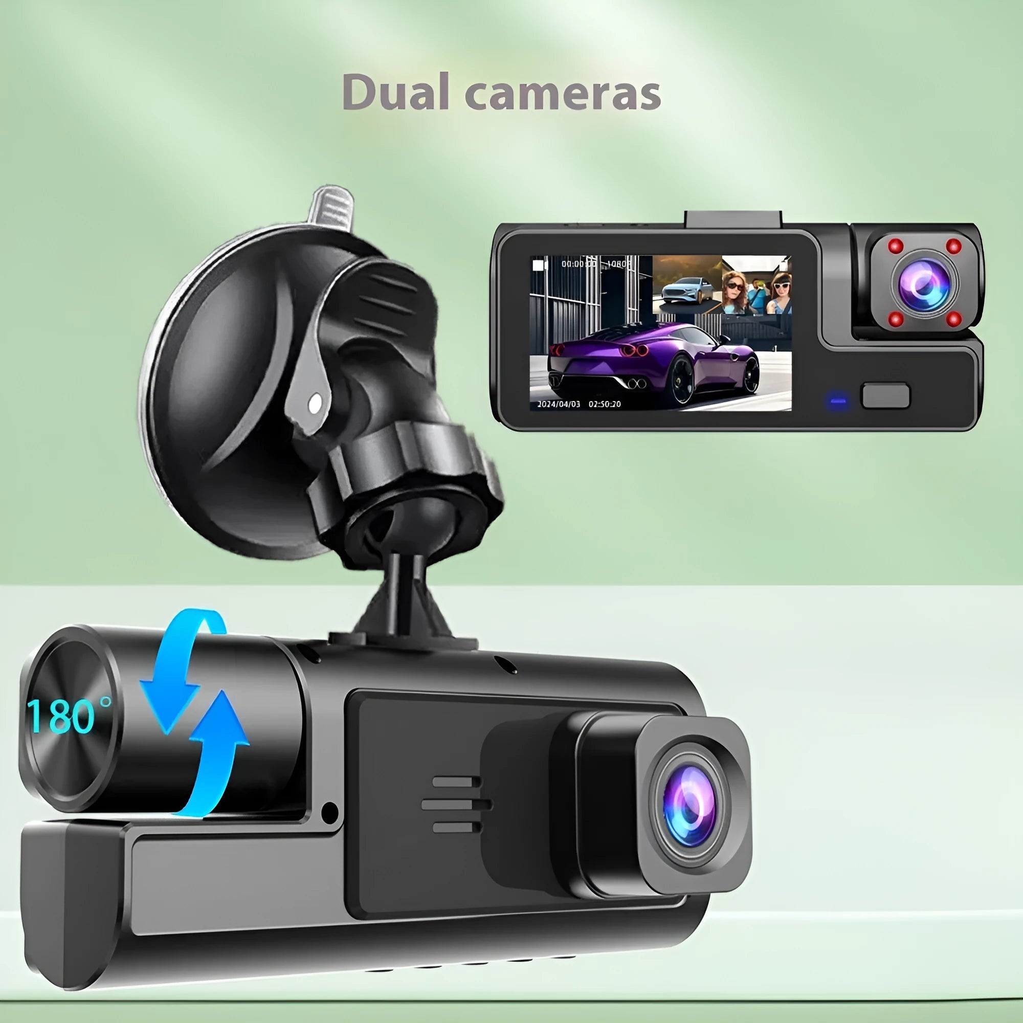 WiFi car driving recorder on a windscreen with a 2-inch screen showing a rearview camera image.