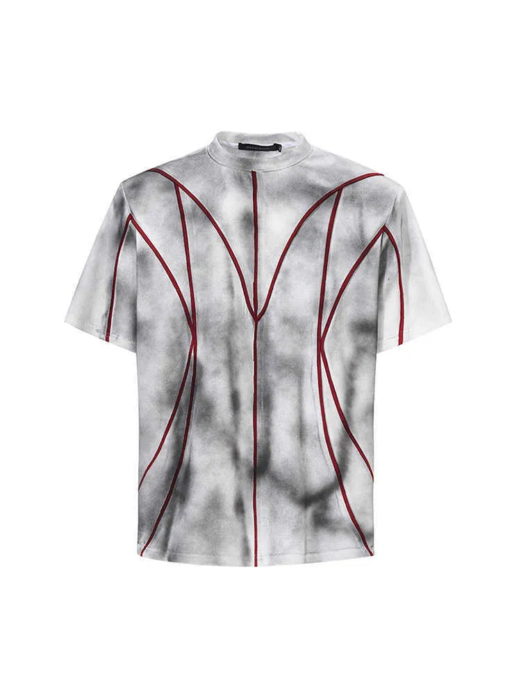 Women's light grey T-shirt with padded shoulders and textured white line patchwork detail on the front.