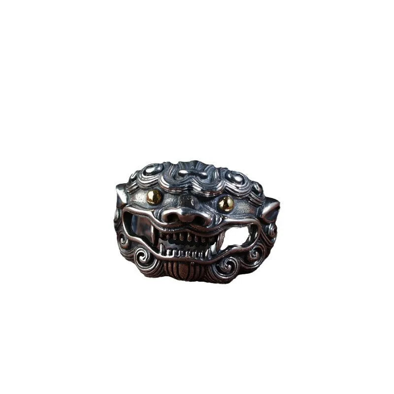 Silver open style ring with retro animal zodiac pattern and adjustable band for unisex wear
