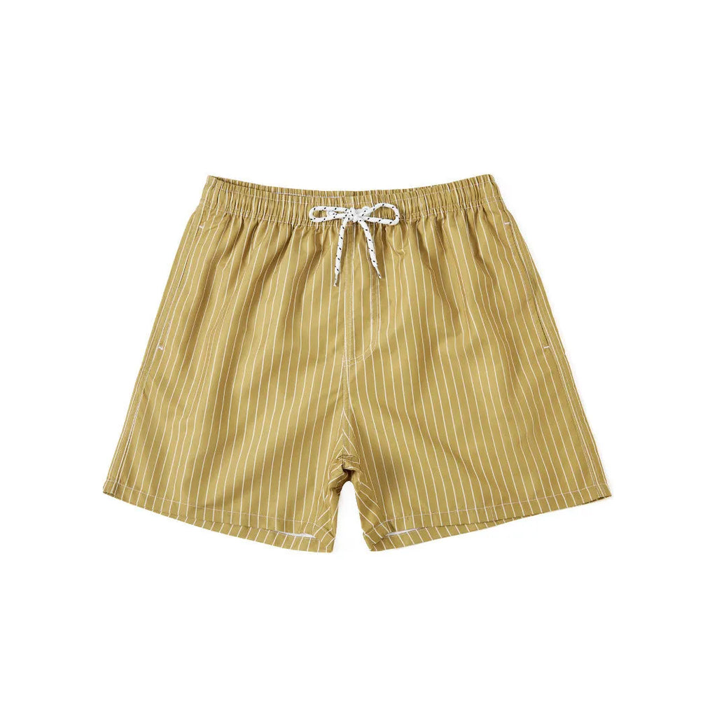 A pair of striped beach shorts in a polyester blend fabric, shown in a choice of colours with a straight leg cut.