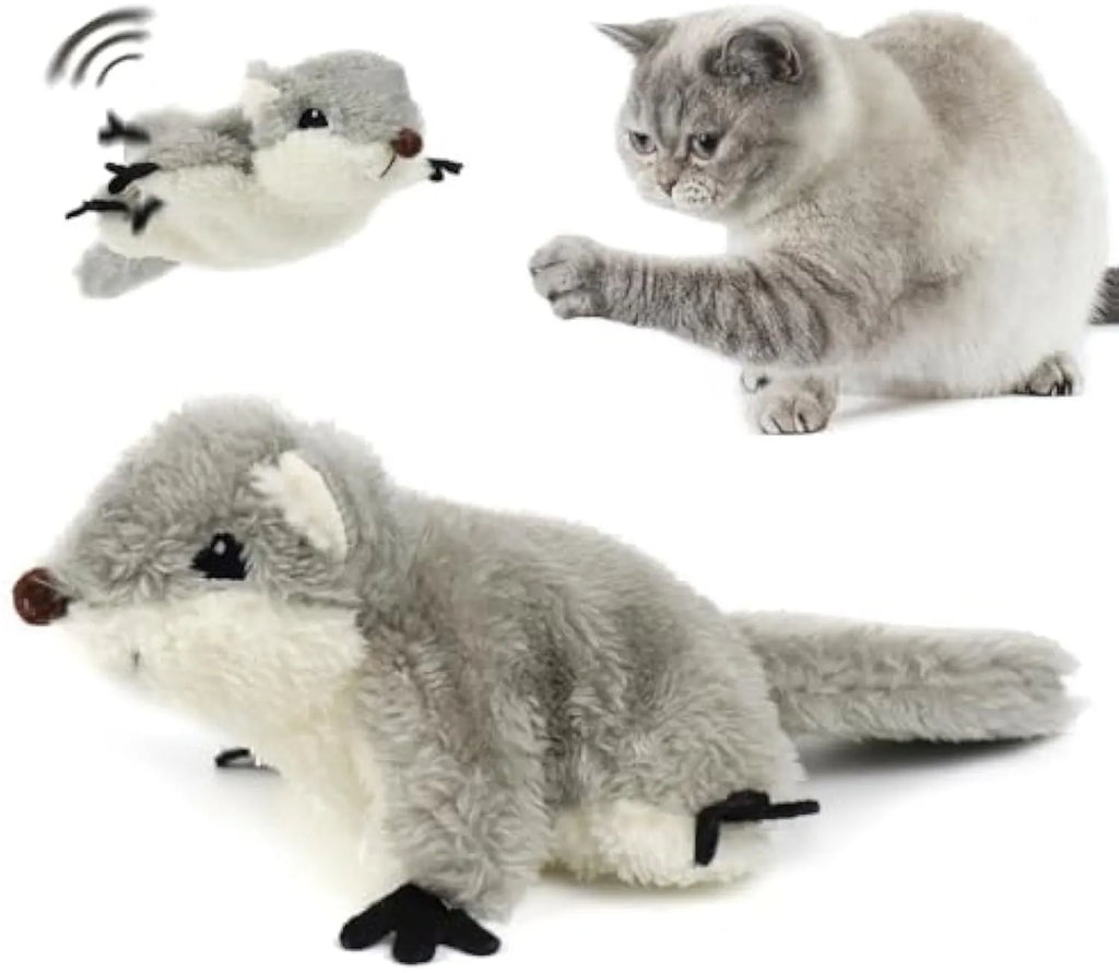 Gray flapping squirrel cat toy with USB charging cable for interactive play