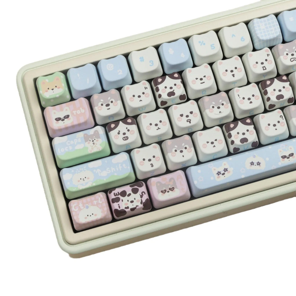 Full set of colourful PBT key caps for mechanical keyboards with printed cat and puppy designs.