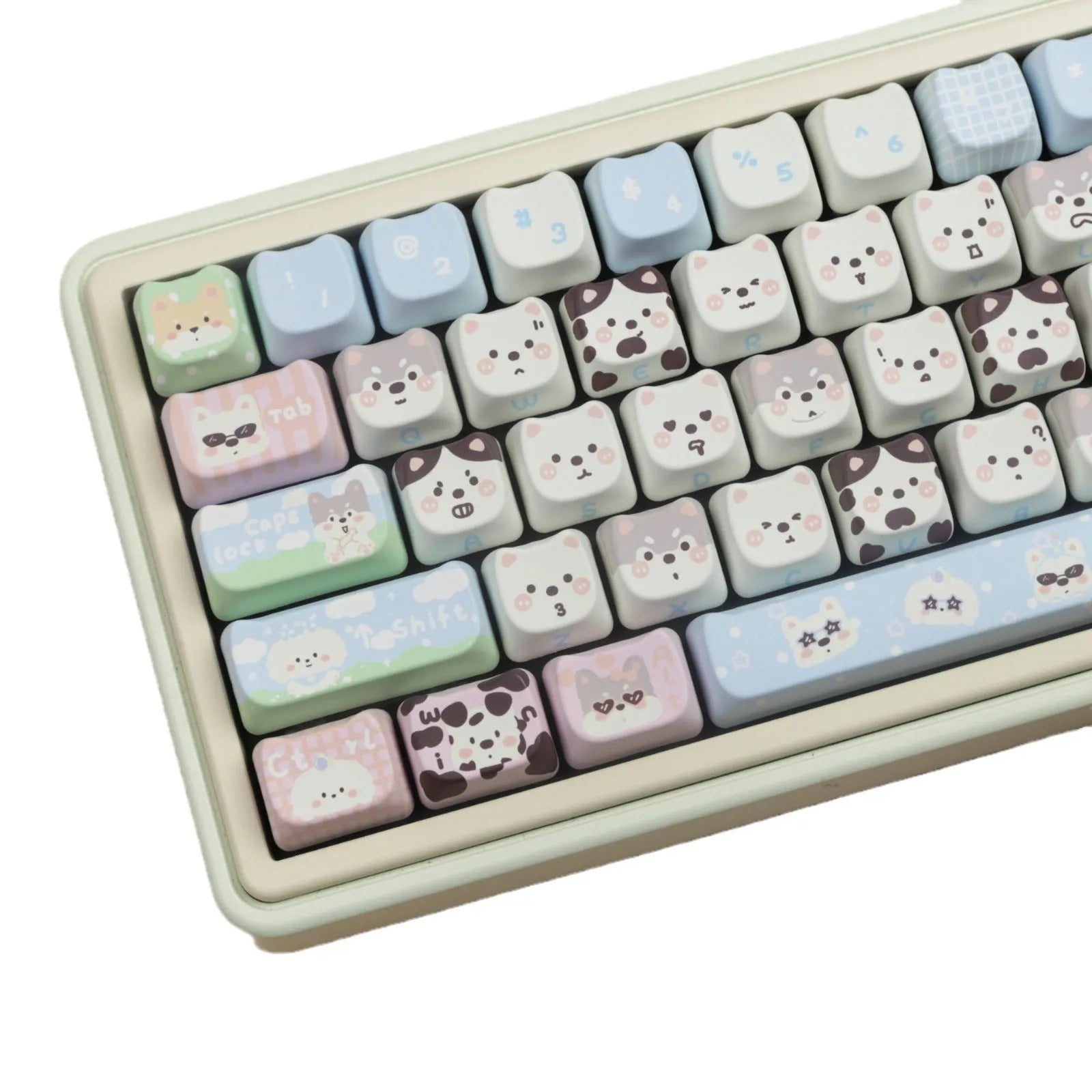 Full set of colourful PBT key caps for mechanical keyboards with printed cat and puppy designs.