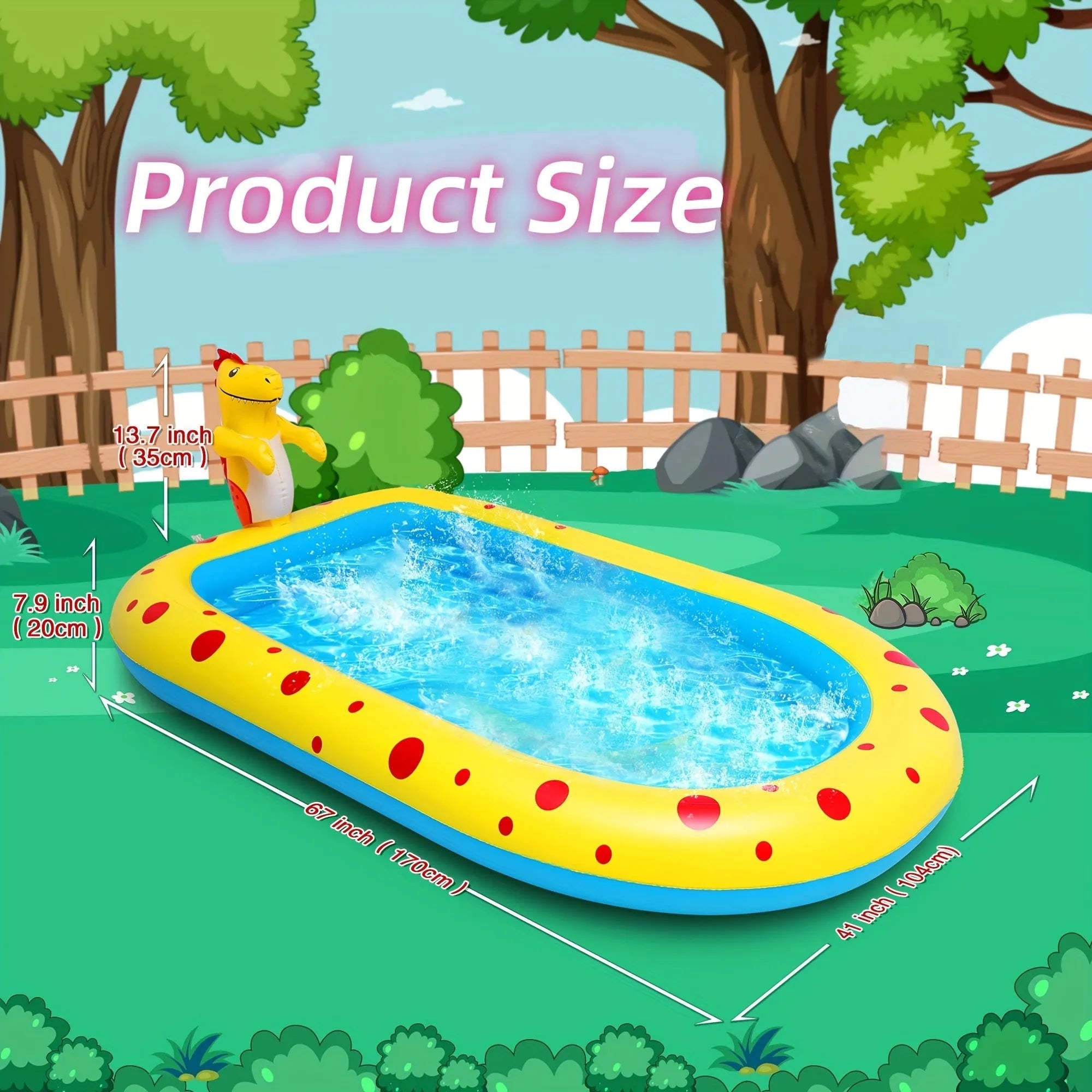 Blue dinosaur water spray pool with built-in splash nozzles for kids' outdoor play