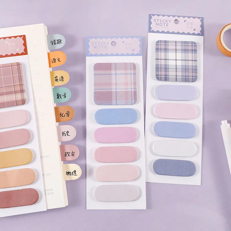 Colourful plaid design memo pad sticky notes in eight colour options showing Spring Garden and Twilight Coast covers
