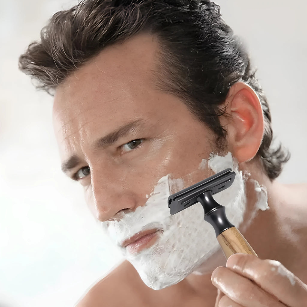 Men's copper manual safety razor with olive wood handle on aluminium alloy stand, with blades and cleaning brush