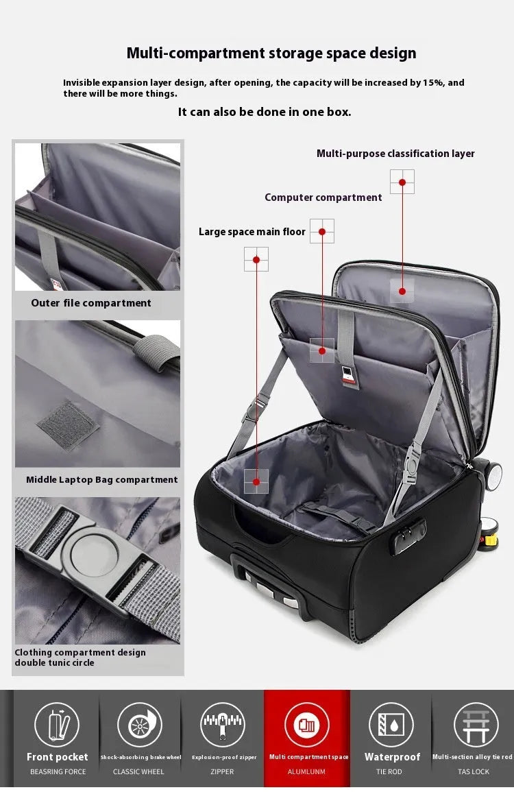 18-inch black Oxford cloth business travel suitcase with universal wheels and retractable handle