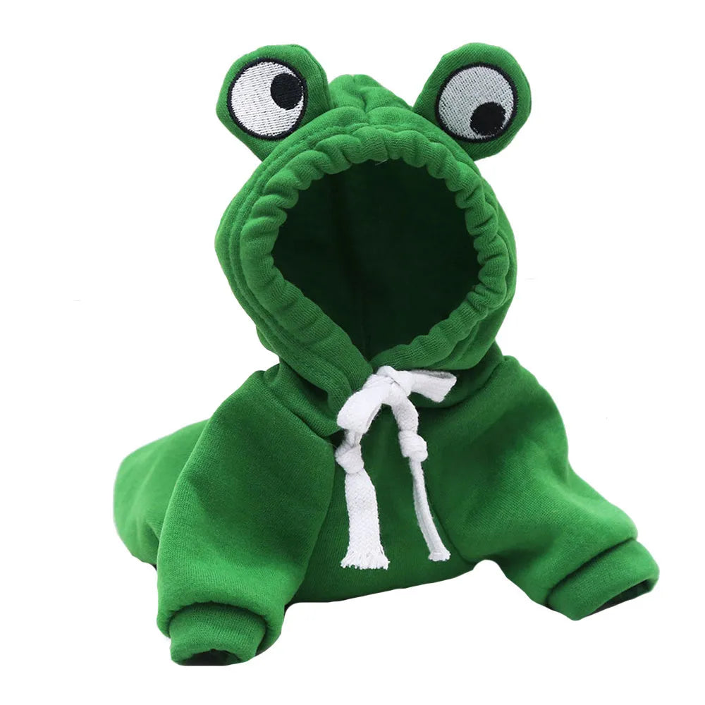 Green frog costume pet hoodie for small dog or cat with hood and detailed size measurements