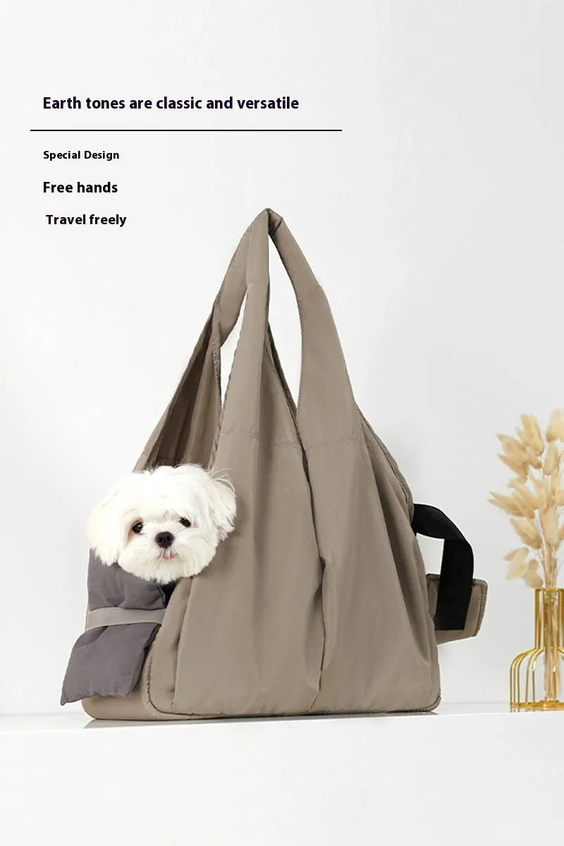 Apricot cloth pet handbag measuring 41cm long for carrying small dogs or cats