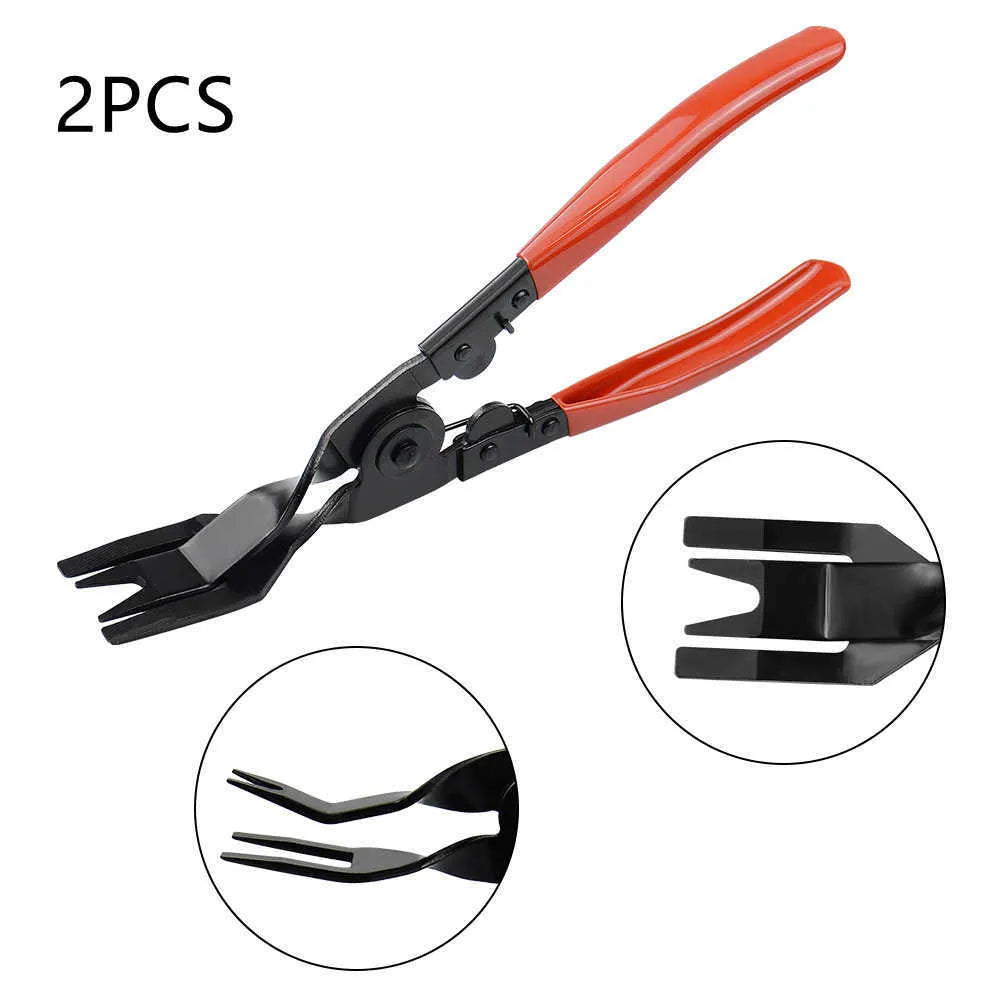 Red handle automotive clip driver tool for General Motors door panel removal with light switch pliers