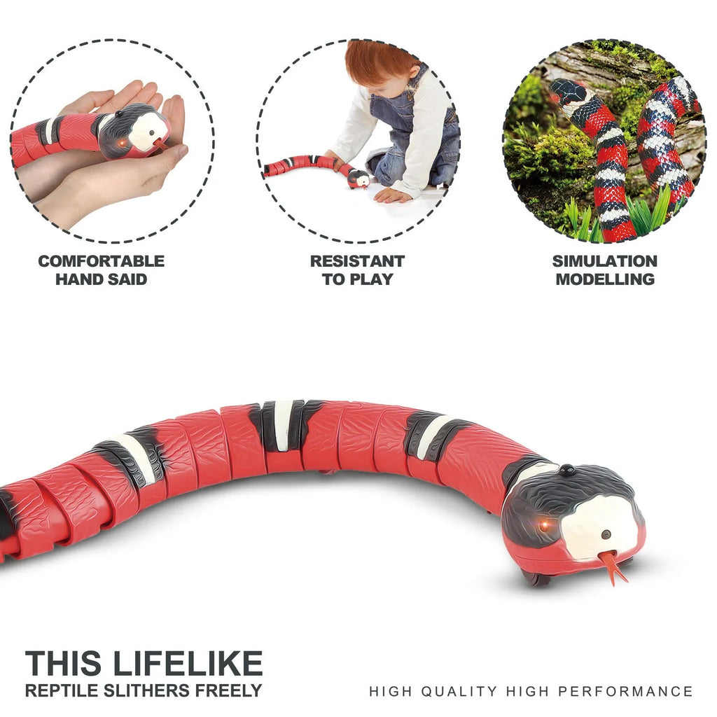 Smart sensing electronic snake cat toy with segmented body on floor