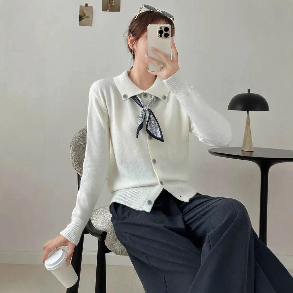 Acrylic lapel scarf cardigan in beige, grey, or navy blue, shown as a long-sleeve free-size garment.