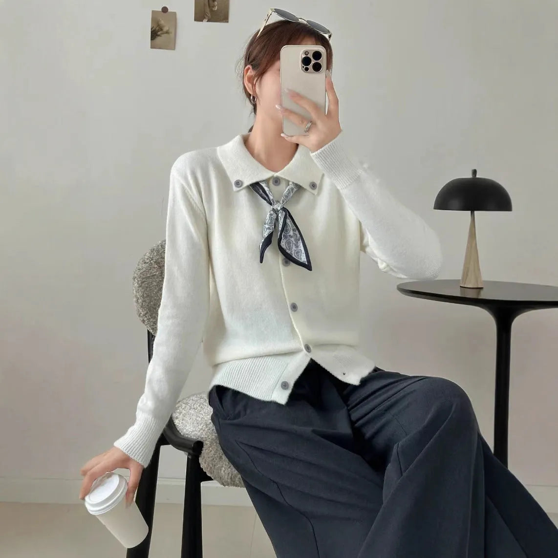 Acrylic lapel scarf cardigan in beige, grey, or navy blue, shown as a long-sleeve free-size garment.