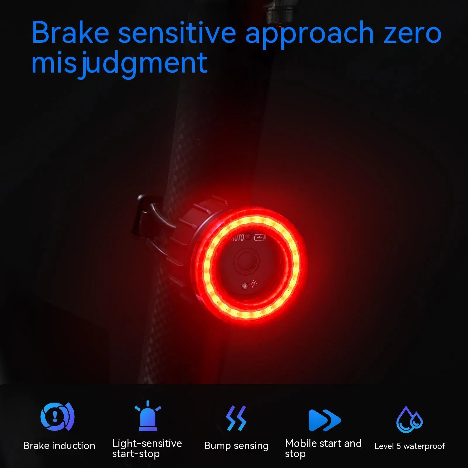 Black intelligent induction brake taillight for bicycles with aluminum alloy and plastic construction