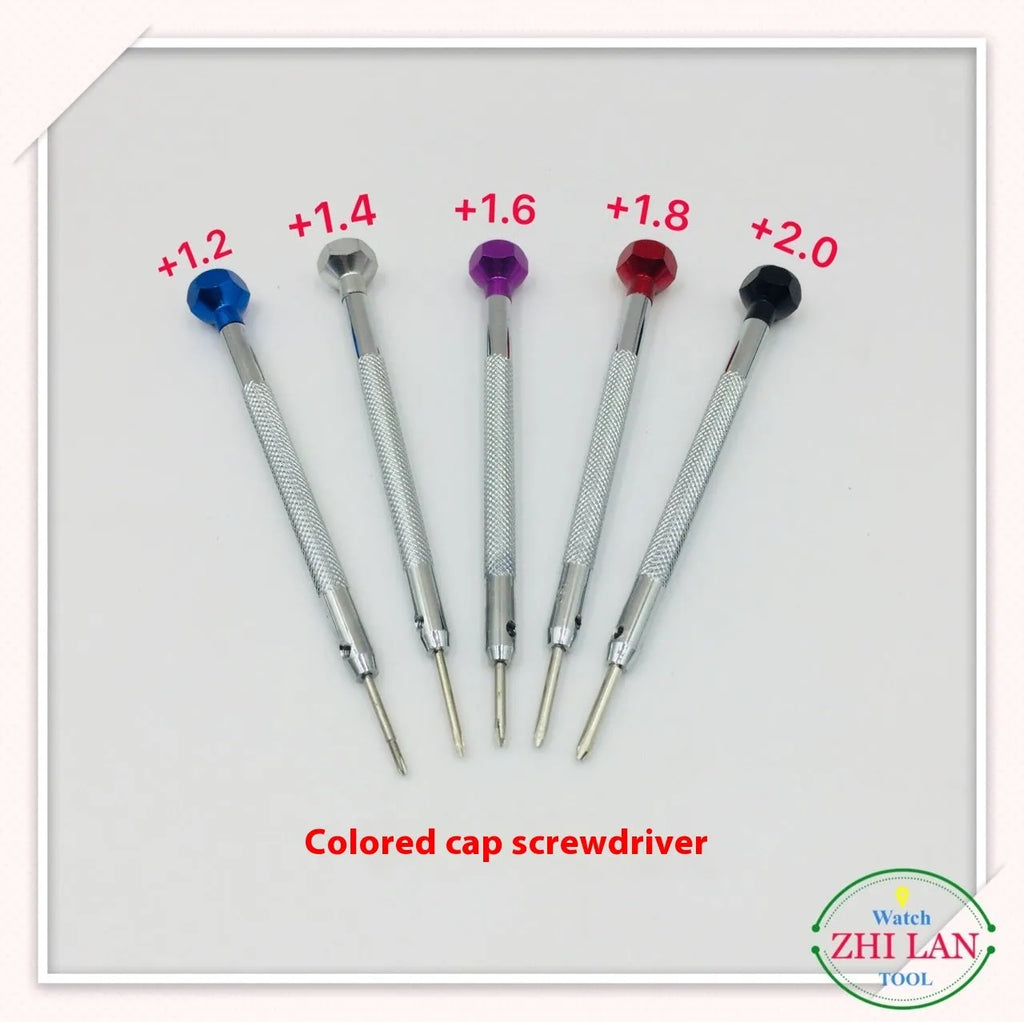Six colour-coded screwdrivers for watch repair in aluminium case with spring steel cutter heads