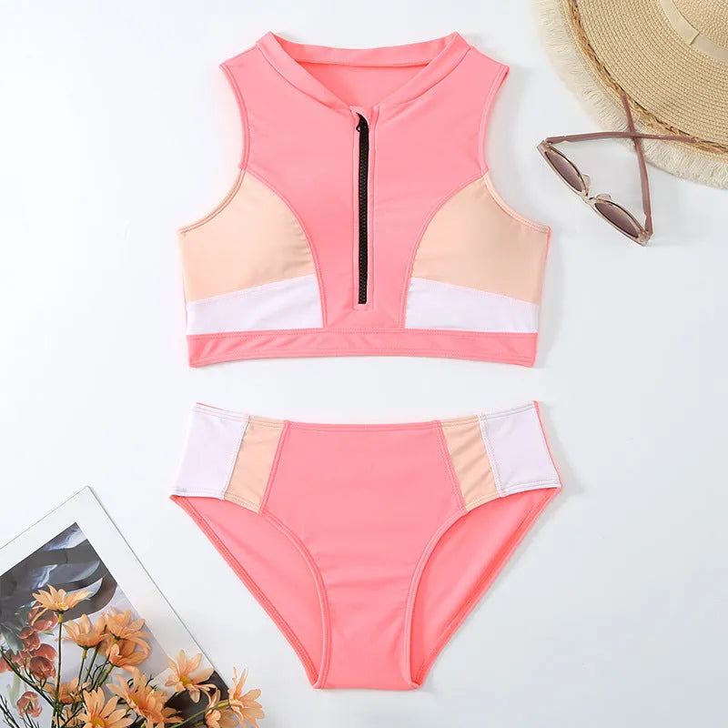 Solid pink high waist women's bikini swimsuit set with briefs style on a mannequin.