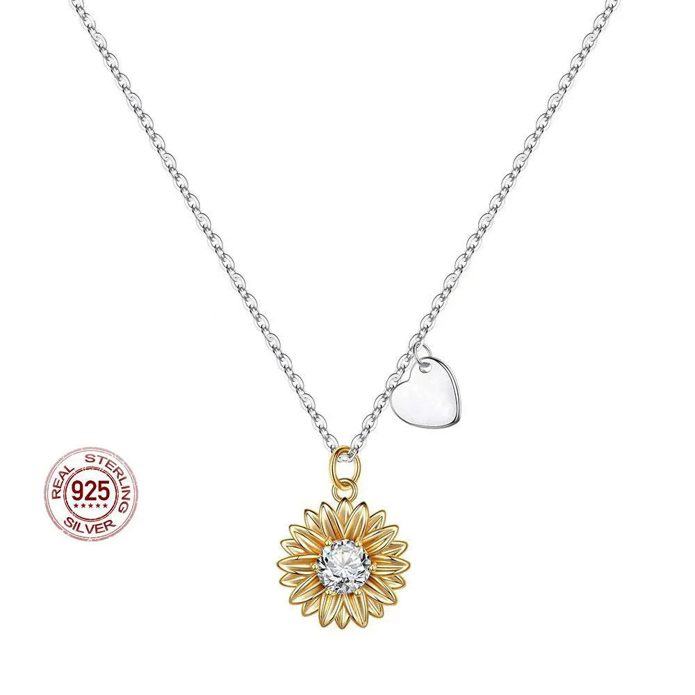 Women's sterling silver sunflower necklace with geometric daisy petals and adjustable 21-50 cm length