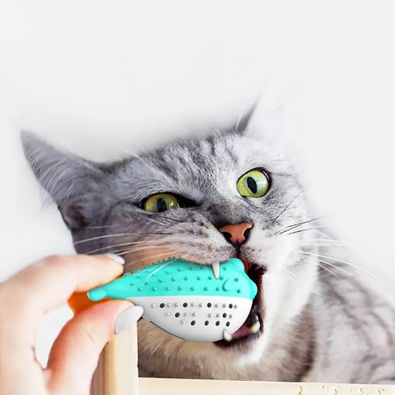 Blue silicone fish-shaped cat chew toy for pet chewing and playing activities