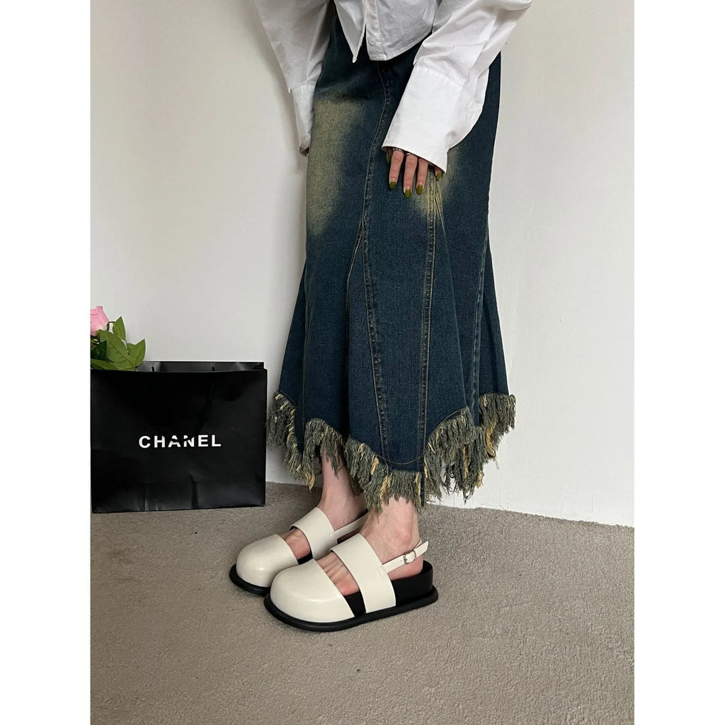 Retro raised bottom sandals with closed toe and ankle strap buckle in apricot colour