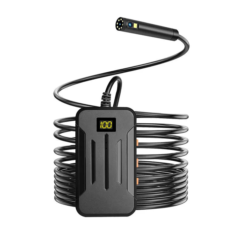 Wireless dual lens endoscope with 5.5mm and 8mm probes, magnet and hook accessories, smartphone display