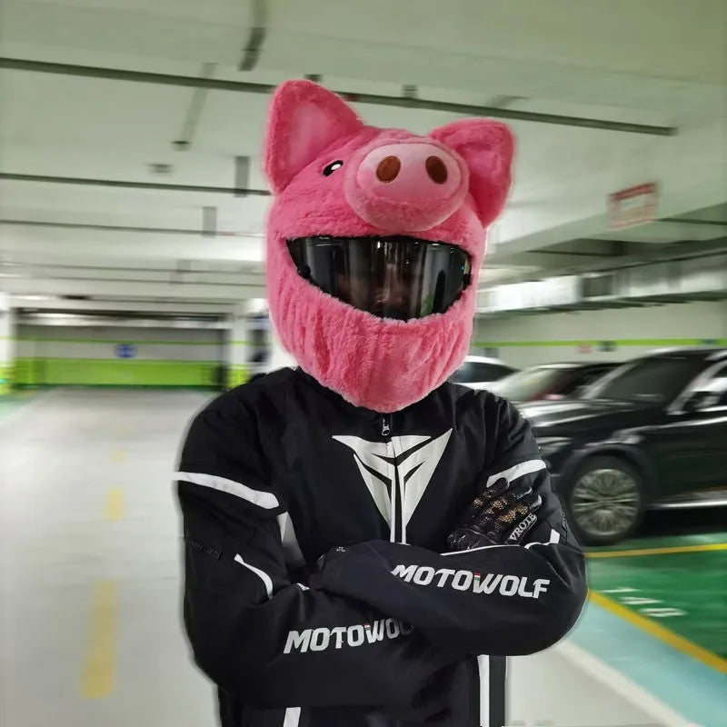 Pink cartoon plush helmet cover for motorcycle helmets made from pv velvet cloth.