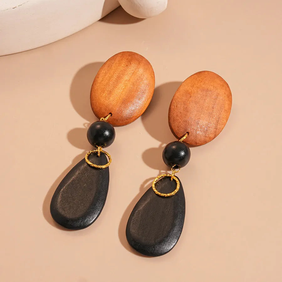 Handmade wooden ellipse earrings in silver needle-brown-black colour retro women's jewellery