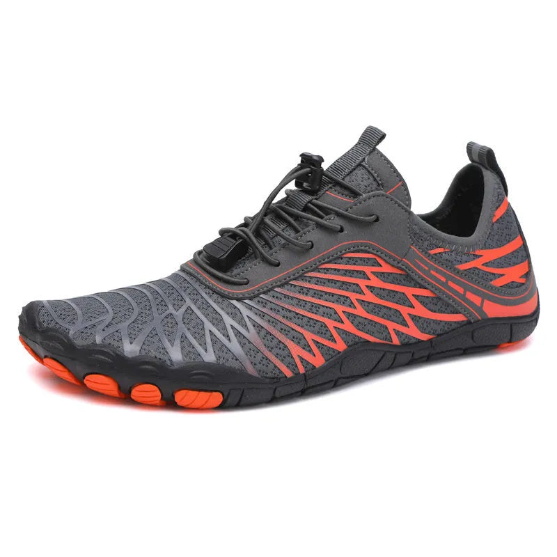 Upstream lace-up casual sports shoes in assorted colours on a white, black, pink, ash orange, or black blue background.
