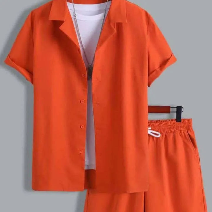 Men's short sleeve Cuban collar sport suit with matching shorts in thin polyester fabric