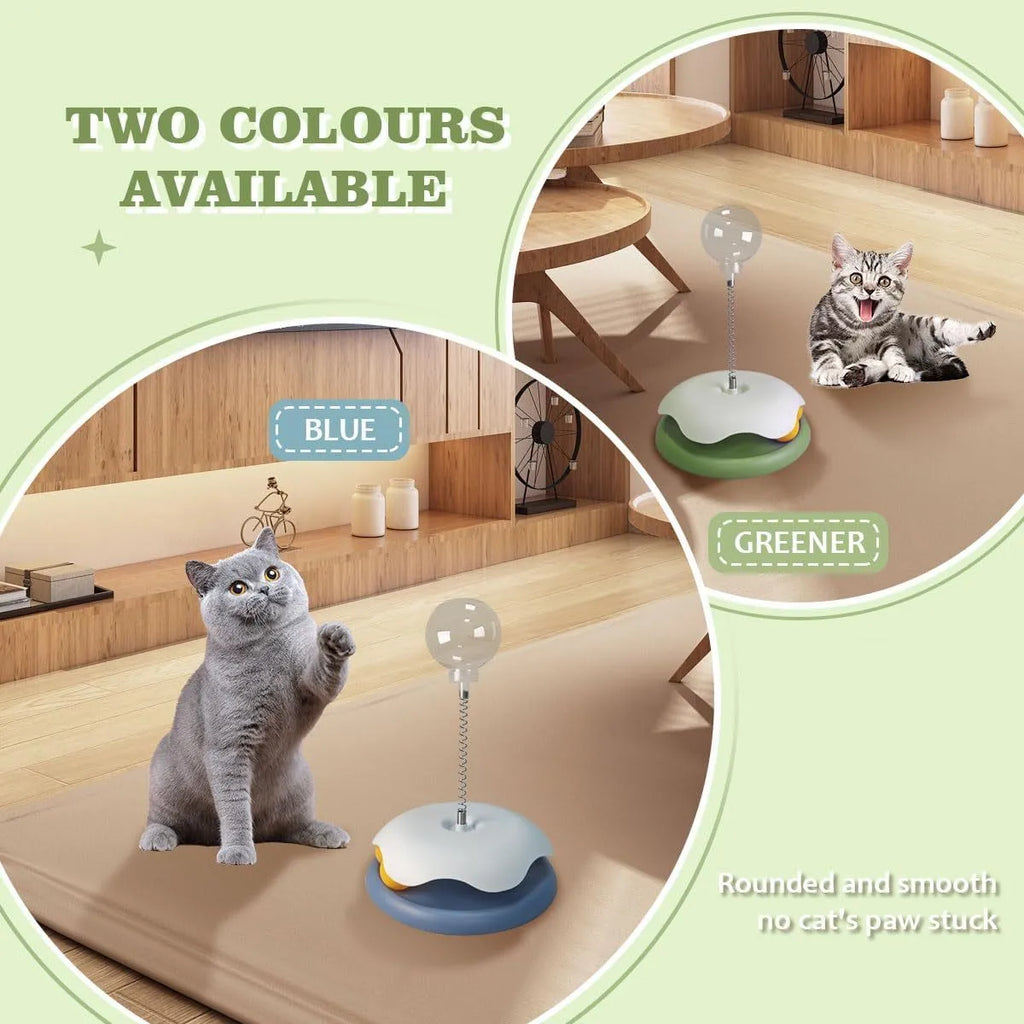 Blue and green interactive cat treat dispenser toy with a track ball for slow feeding and play.