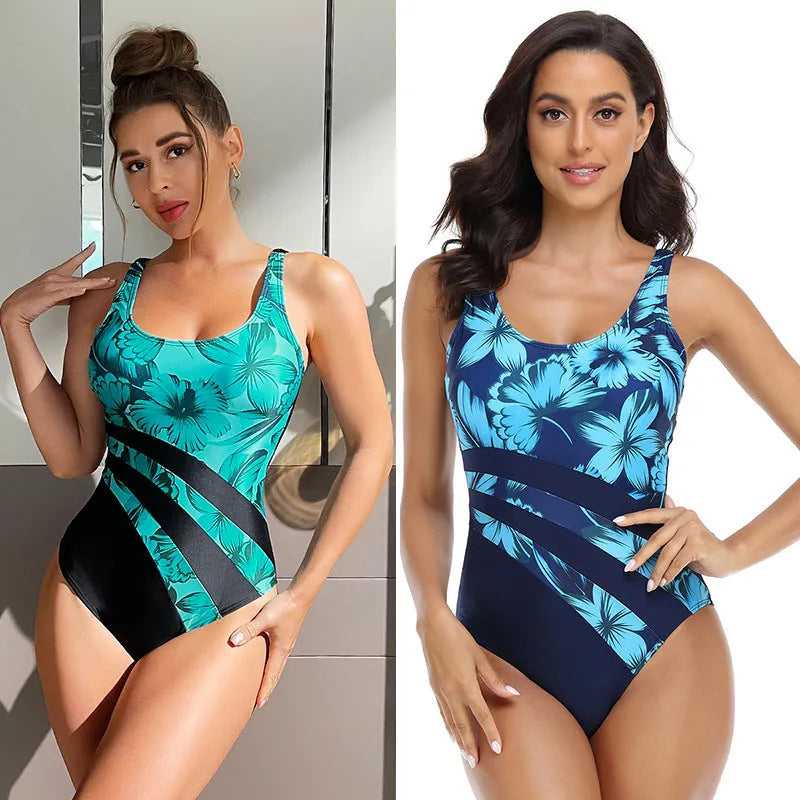 Women's conservative printed one-piece swimsuit in blue or green with tight fit design