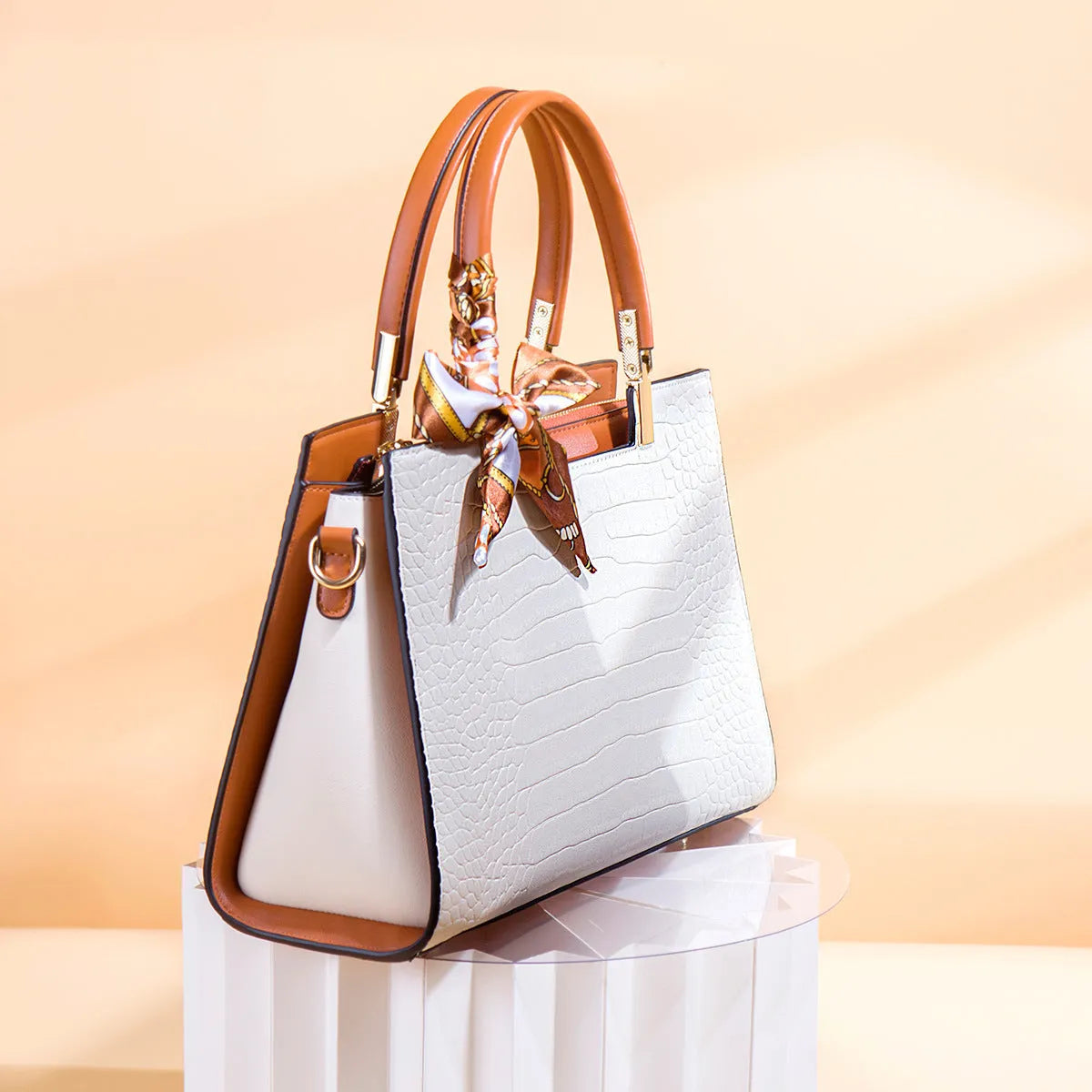 Milky white women's PU leather shoulder handbag with horizontal square shape and sewing line details