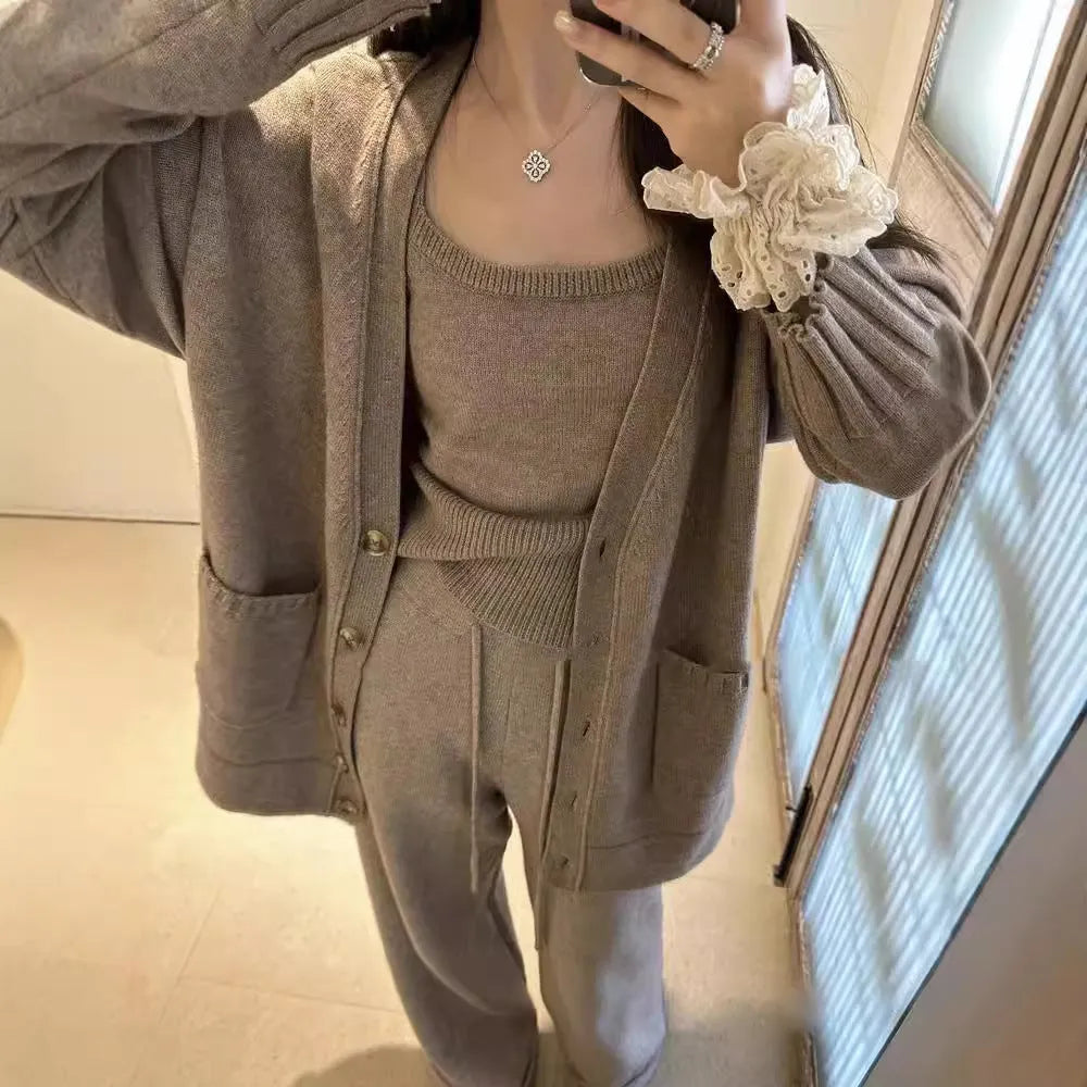 Women's knitted cardigan suspender pants three-piece set in wool blend fabric