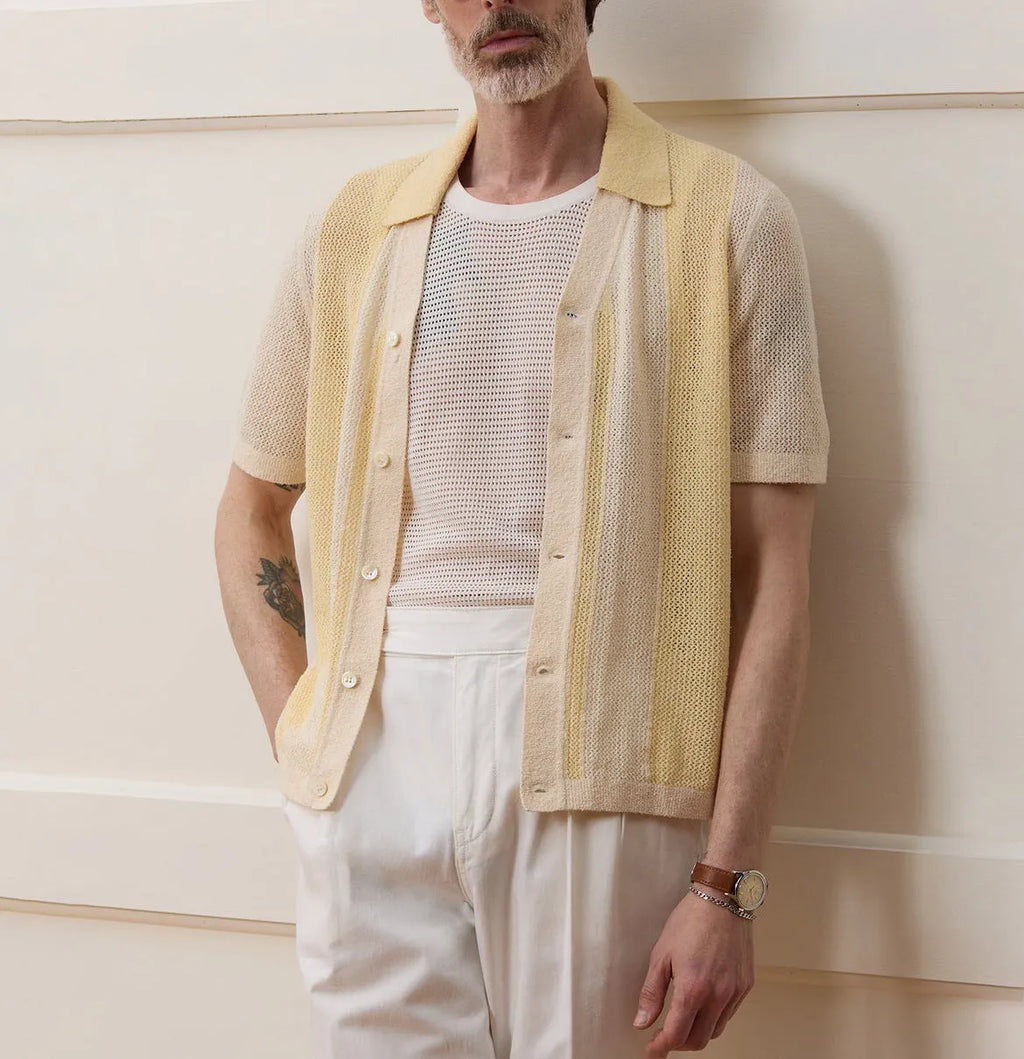 Yellow men's casual polo shirt with hollow-out pattern and asymmetric design in Tencel fabric