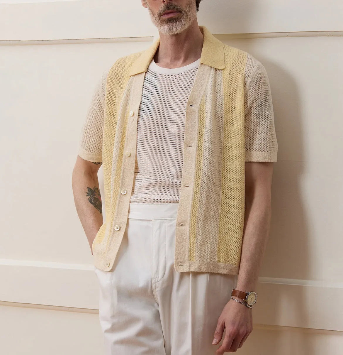 Yellow men's casual polo shirt with hollow-out pattern and asymmetric design in Tencel fabric