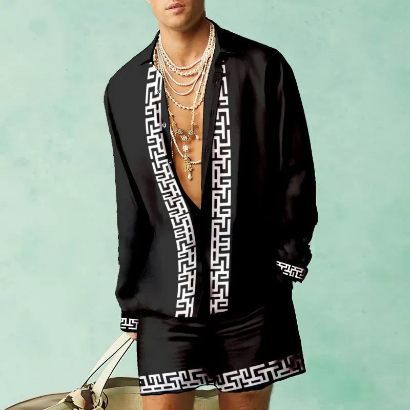 Men's casual summer shirt and shorts matching set in slim fit with long sleeves