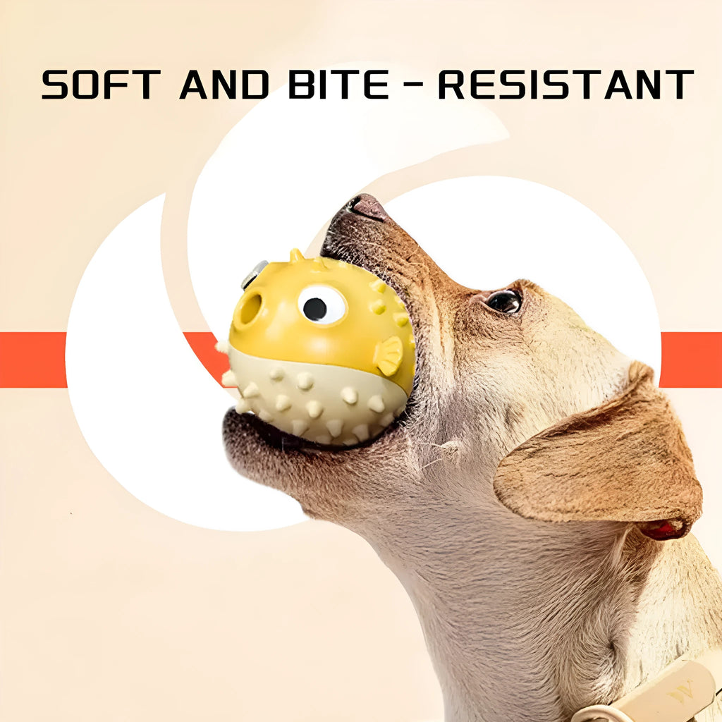 Yellow fish shaped vinyl dog chew toy with textured surface for teeth cleaning