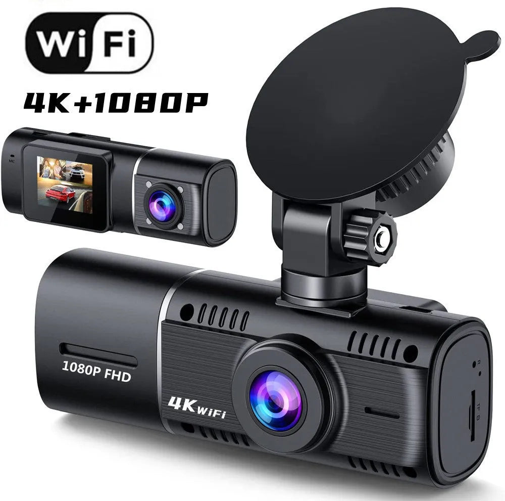 Black 1080p dual recording car dash camera with 1.5 inch screen on a windscreen stand.