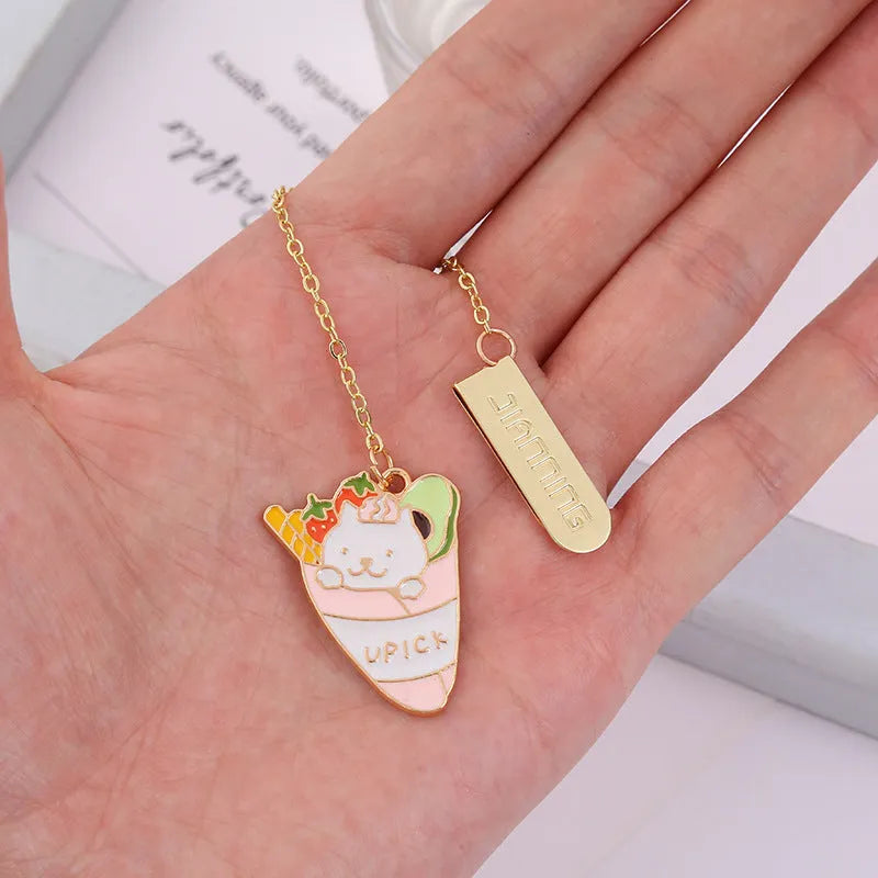 Jane Key Foodie Cute Pet Cat metal bookmark with cartoon design, showing PVC film and paper card construction.
