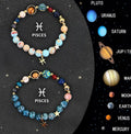 Set of two natural stone beaded bracelets for zodiac signs, showing different astrological designs.