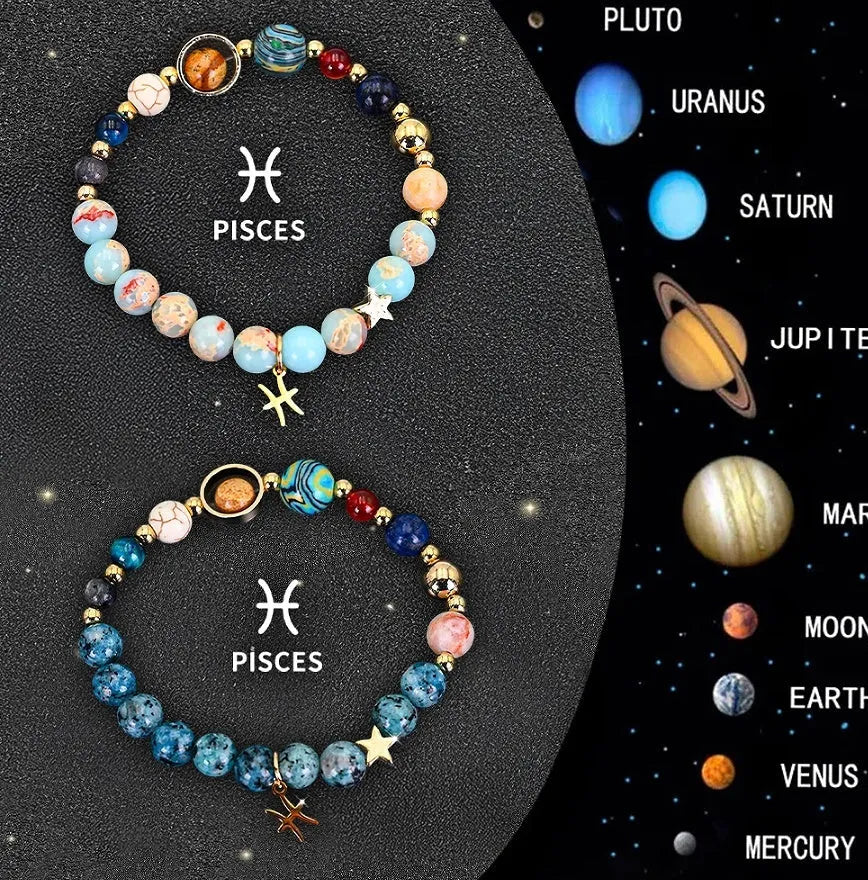 Set of two natural stone beaded bracelets for zodiac signs, showing different astrological designs.