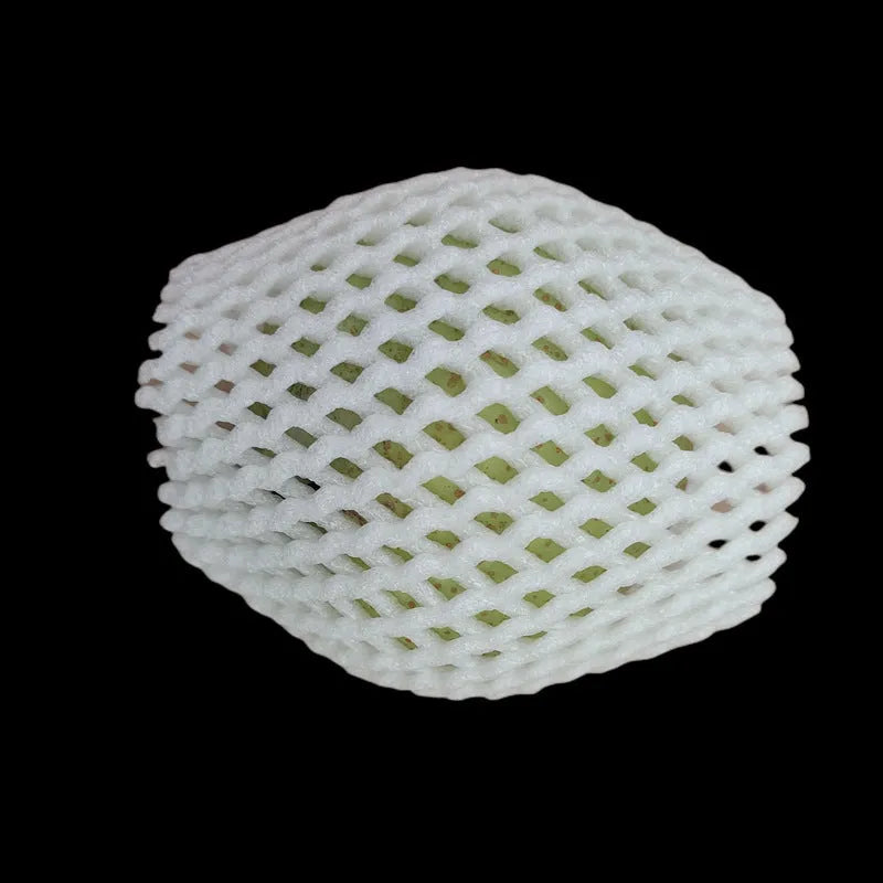 White foam protective net case for fruits showing mesh texture and size options
