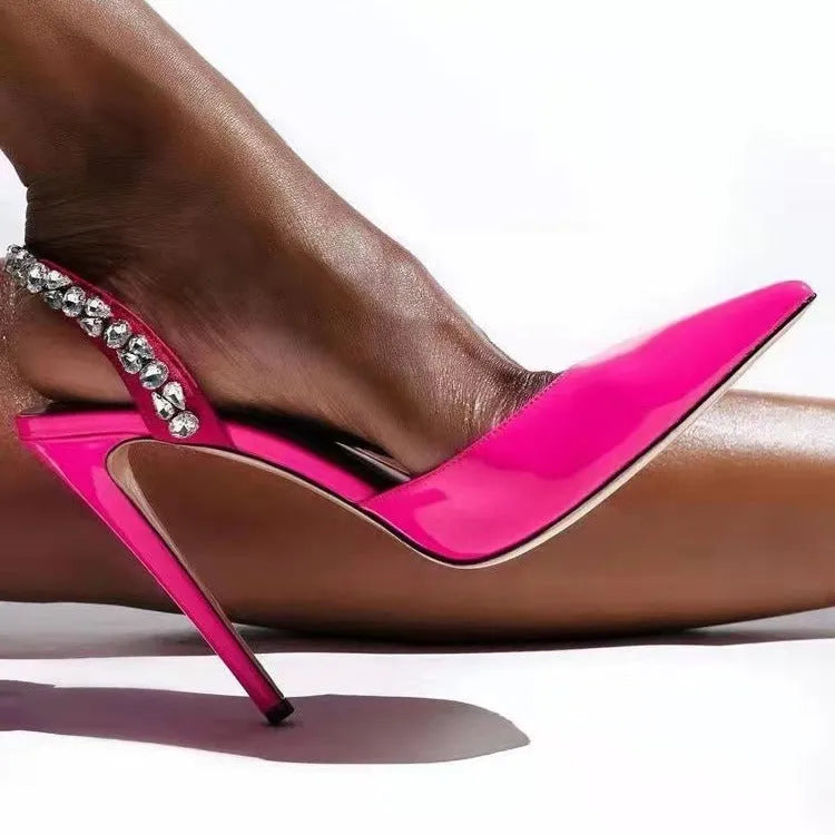 Pointed-toe high-heel sandals with rhinestone side detailing in patent leather colours