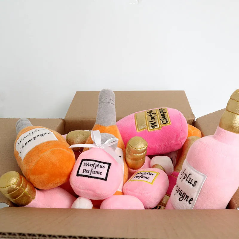 Plush wine bottle pet toy for dogs and cats in six colour variations