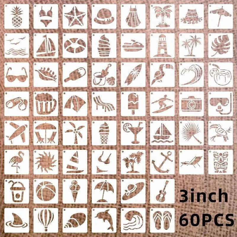 700-piece collection of 2-inch PET film spray painting stencils showing flower, animal, ocean, Hawaiian, and letter designs