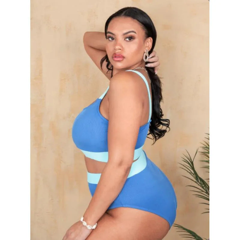 Women's high waist one-piece swimsuit in solid colour with decorative stitching