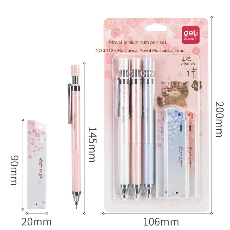 Set of three cartoon-design 0.5mm automatic pencils with boxes of HB refills.