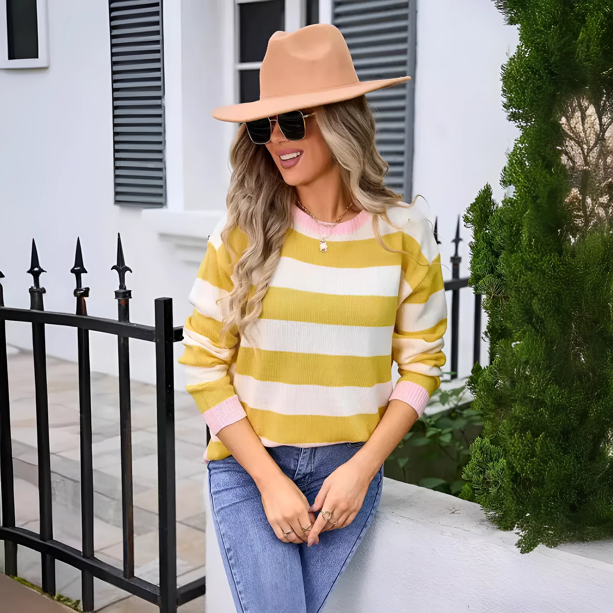Women's loose striped acrylic sweater in blue with long sleeves and round neck