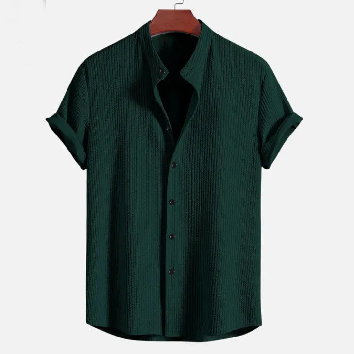 Men's loose short sleeve summer shirt in polyester fabric showing colour options