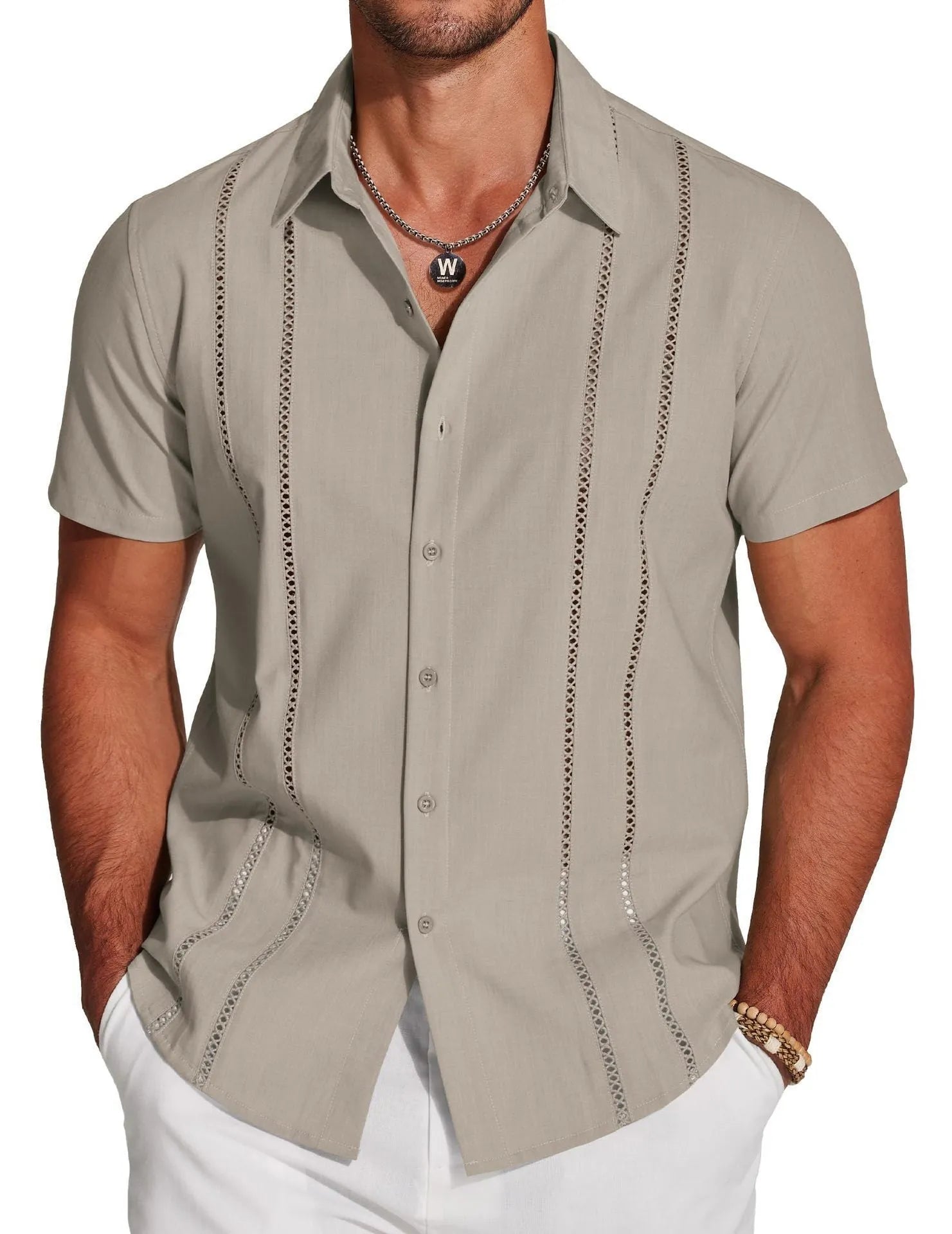 Men's slim fit Hawaiian short sleeve shirt with digital printed pattern in cardigan style