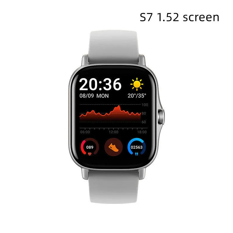 GT20 black smartwatch with alloy case and silicone strap on a wrist, displaying heart rate data.